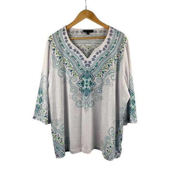 N Touch Womens 2X White & Teal Paisley Print Top - Picture 1 of 5